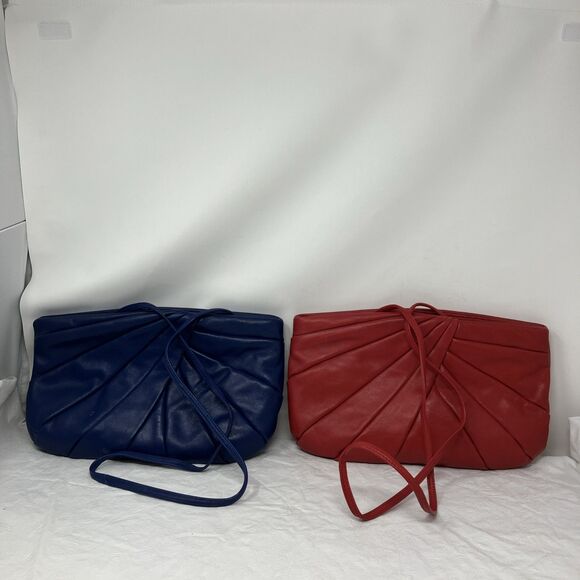 2 Brio Leather Clutch Purse Shoulder Bag Clamshell Closure VTG 1980s Red & Blue - Picture 1 of 16